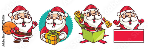 Merry Christmas. Cartoon Christmas Santa Claus set. Santa Claus with Christmas present and bag - vector characters