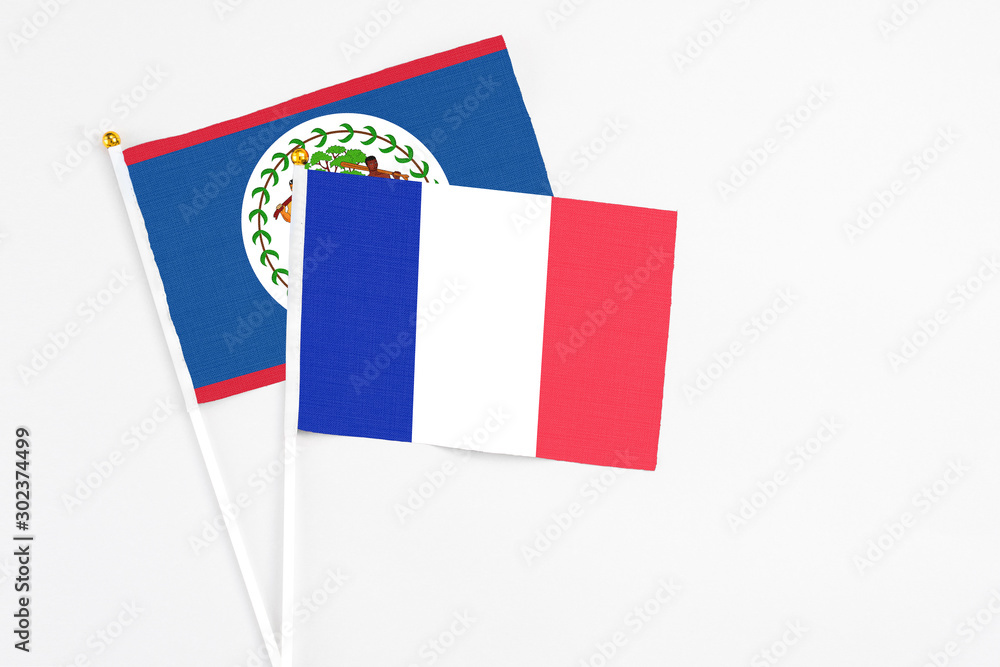 France and Belize stick flags on white background. High quality fabric, miniature national flag. Peaceful global concept.White floor for copy space. France and Belize stick flags on white background. High quality fabric, miniature national flag. Peaceful global concept.White floor for copy space.