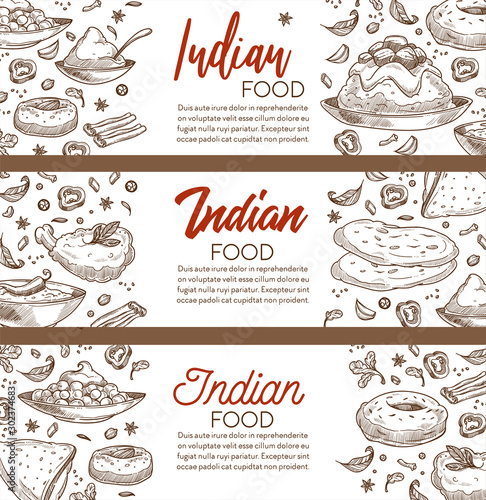 Restaurant menu with Indian food, cuisine of India sketch banners