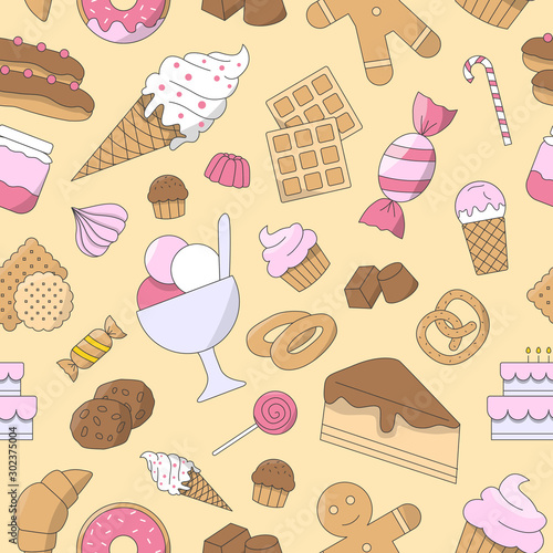 Candy background - Vector color seamless pattern of sweet food for graphic design