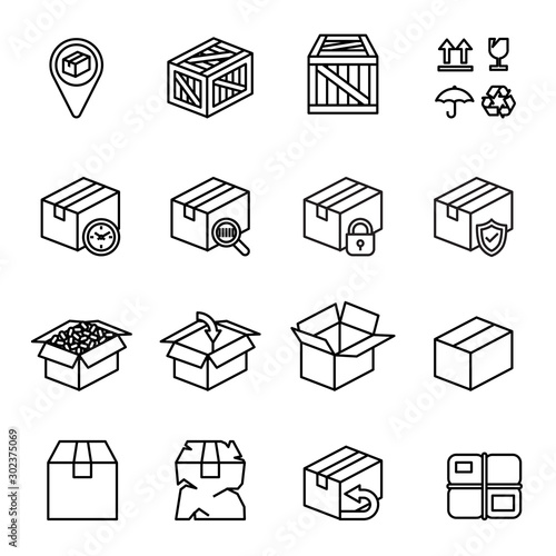 Box icon set with white background. Thin Line Style stock vector.