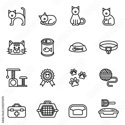 cat icon set with white background. Thin Line Style stock vector.