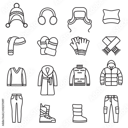 Winter clothes, Warm clothes  isolated line icons set with white background. Thin Line Style stock vector.
