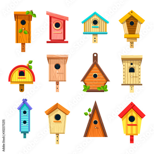 Fotografiet Birdhouses isolated icons, nesting boxes or tree buildings