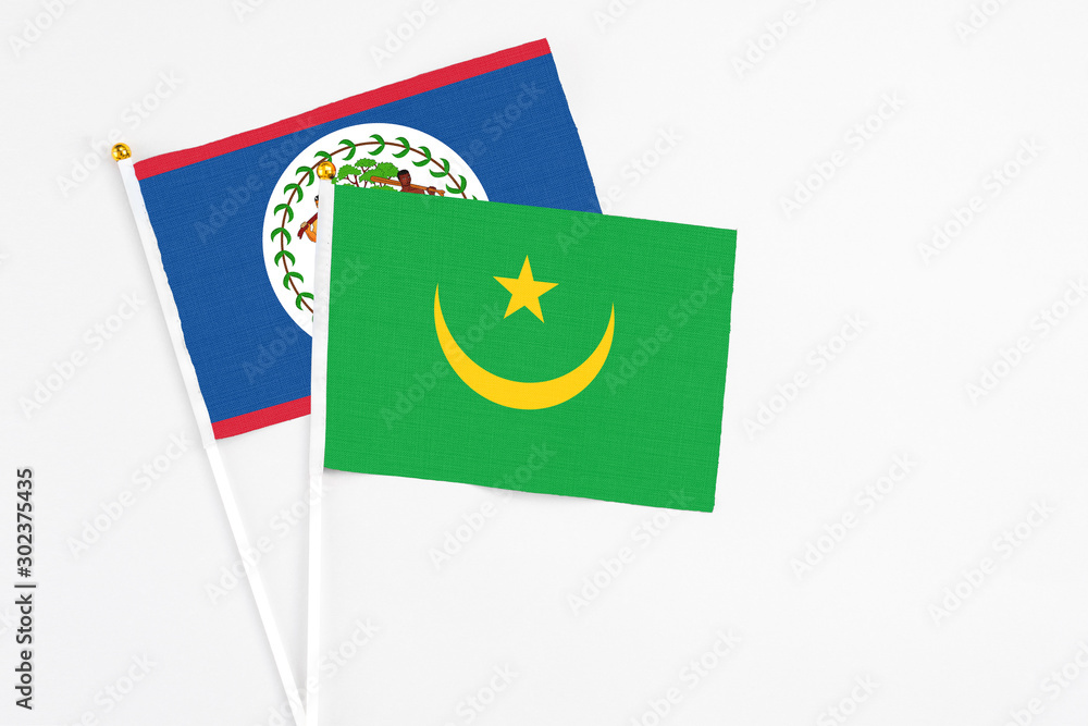 Mauritania and Belize stick flags on white background. High quality fabric, miniature national flag. Peaceful global concept.White floor for copy space. Mauritania and Belize stick flags on white background. High quality fabric, miniature national flag. Peaceful global concept.White floor for copy space.