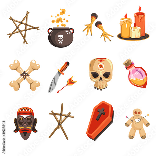 African occult practices or voodoo tribal attributes isolated icons