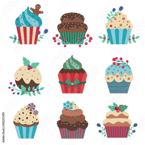 Cartoon Christmas Pastry Cupcakes Decorated with Brunches