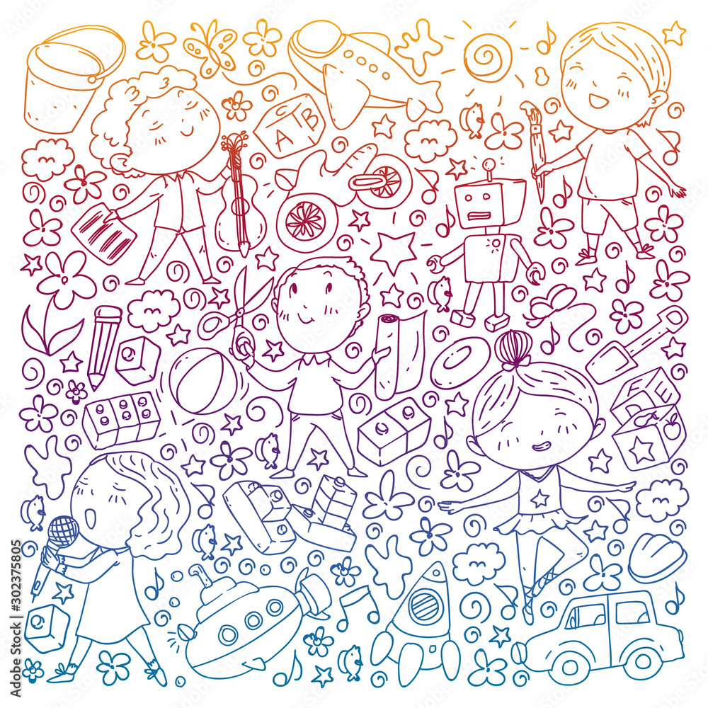 Painted by hand style pattern on the theme of childhood kindergarten. Vector illustration for children design.