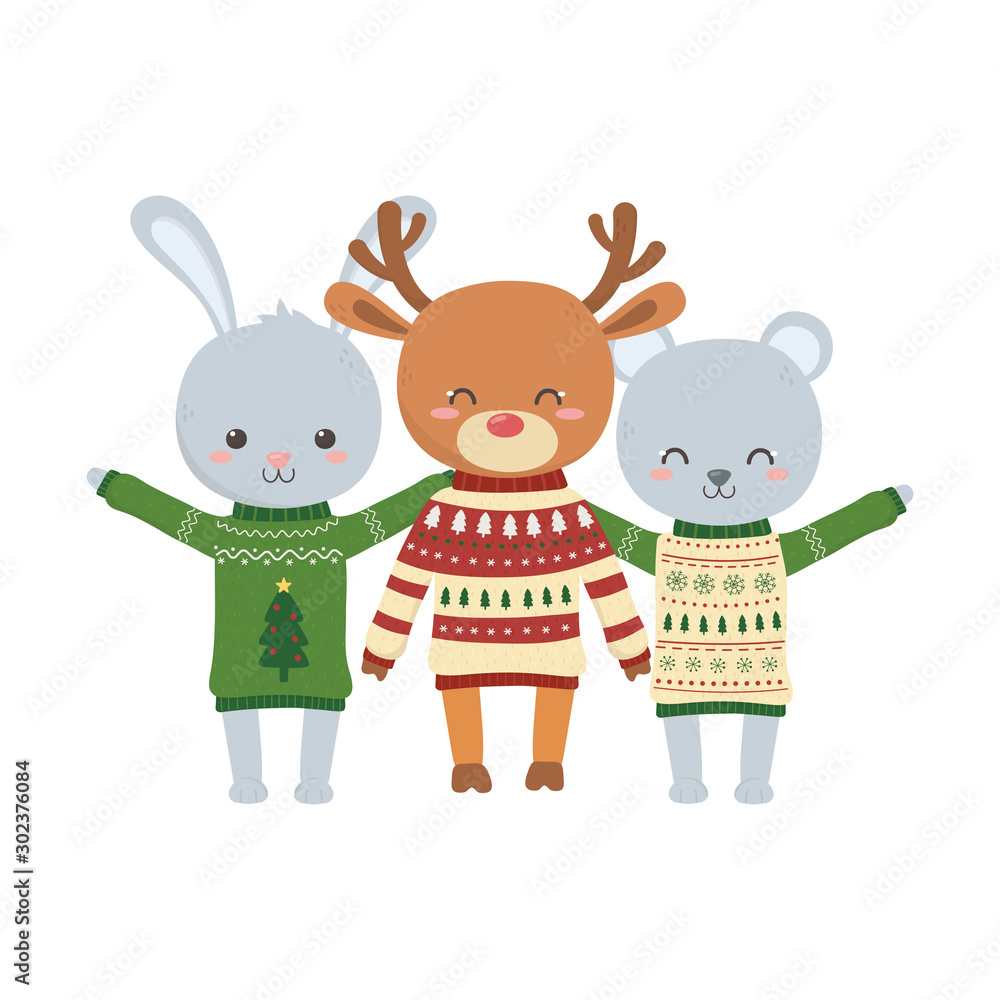 merry christmas celebration cute bear deer and rabbit sweater party merry christmas celebration cute bear deer and rabbit sweater party