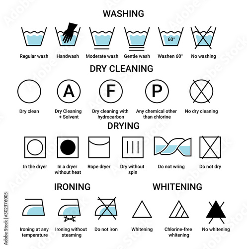 Washing and dry cleaning, drying and ironing or whitening isolated icons
