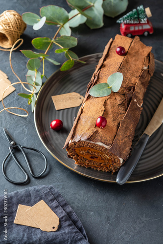Buche de Noel. Traditional Christmas dessert, Christmas yule log cake with chocolate cream, cranberry. Copy space.