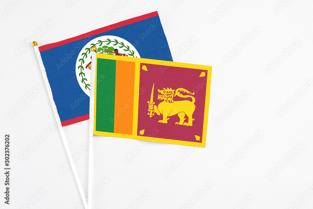 Sri Lanka and Belize stick flags on white background. High quality fabric, miniature national flag. Peaceful global concept.White floor for copy space. Sri Lanka and Belize stick flags on white background. High quality fabric, miniature national flag. Peaceful global concept.White floor for copy space.