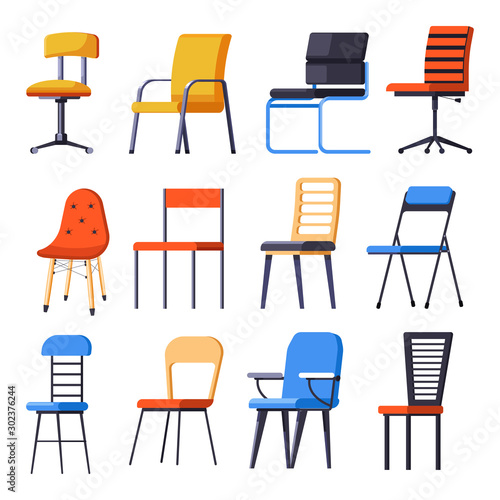 Chairs or armchairs, seats or interior design element isolated objects