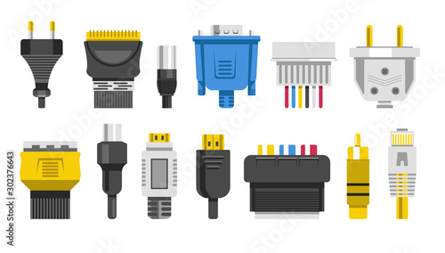 Plugs and connectors or connection cables, wiring isolated icons