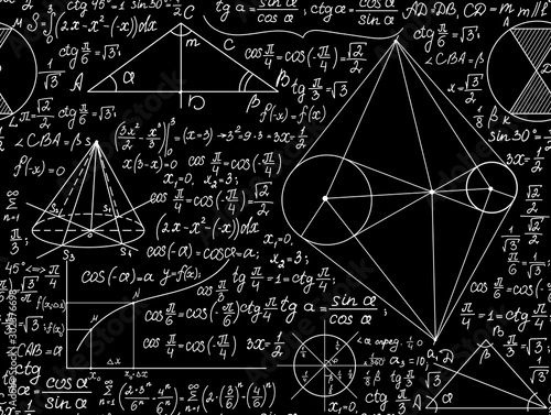 Mathematical vector seamless background with handwritten scientific formulas, figures and calculations
