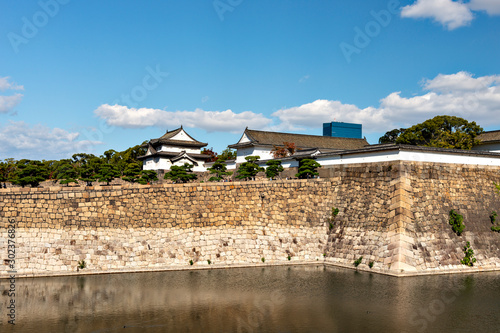 Defensive stone wall of Osaka-jo castle in autumn