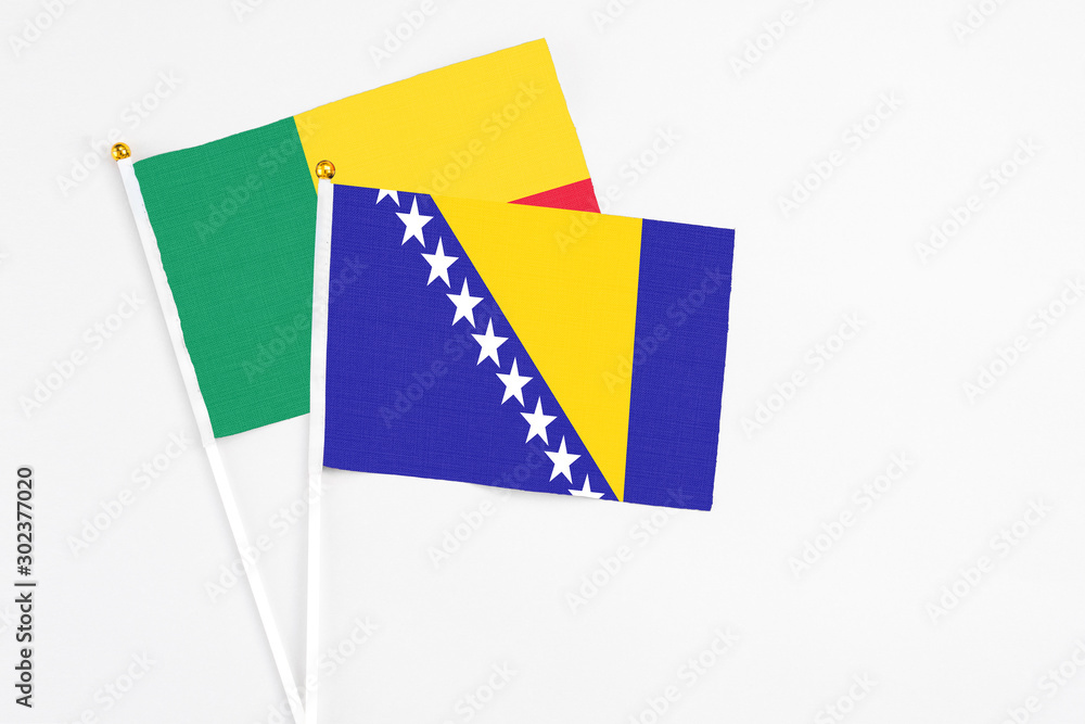Bosnia Herzegovina and Benin stick flags on white background. High quality fabric, miniature national flag. Peaceful global concept.White floor for copy space. Bosnia Herzegovina and Benin stick flags on white background. High quality fabric, miniature national flag. Peaceful global concept.White floor for copy space.