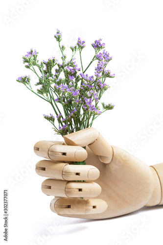 wooden hand holding purple flowers isolated on white background