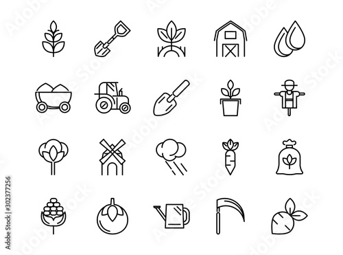 rural agriculture thick line icons set
