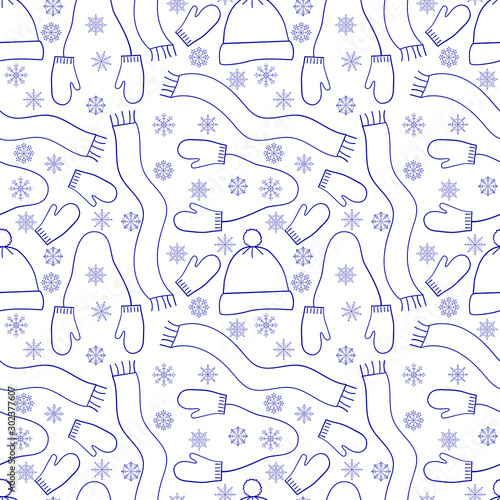 Mittens, hat, scarf vector seamless pattern for design, packaging, scrapbooking. Vector icons set of hat scarf and mittens to the contours of icons on white background