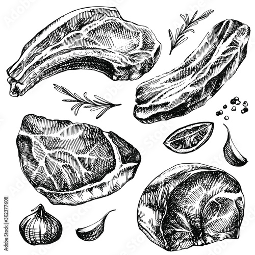 Hand drawn sketch meat set. detailed ink food illustration. Steak meat hand drawing with pepper and rosemary, lemon, garlic. 