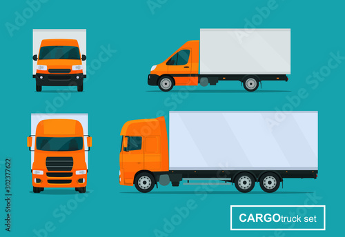 Cargo trucks set. Side view and front view. Vector flat style illustration.