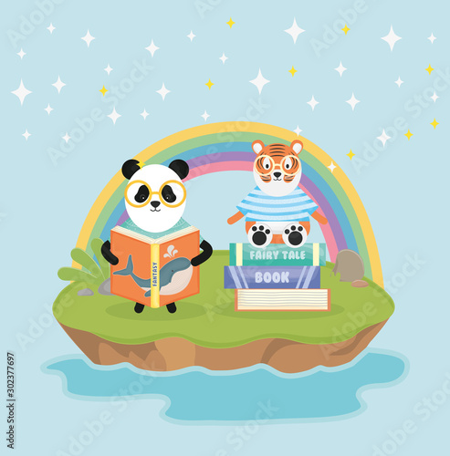 panda and tiger with books rainbow fantasy fairy tale
