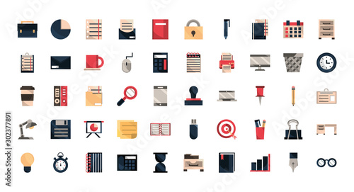 office work business equipment icons set