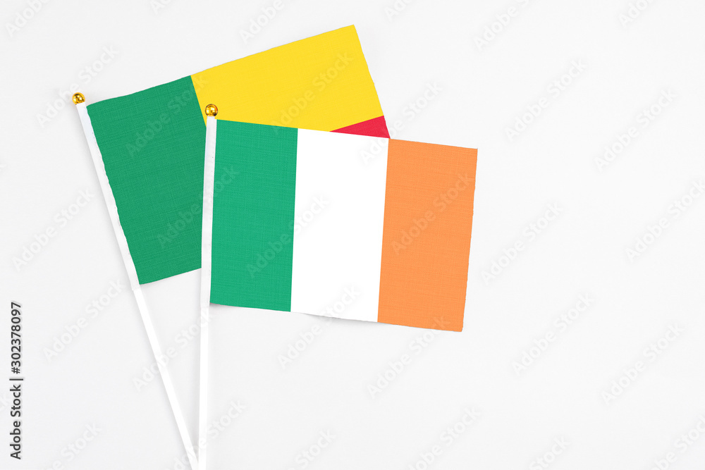Ireland and Benin stick flags on white background. High quality fabric, miniature national flag. Peaceful global concept.White floor for copy space.