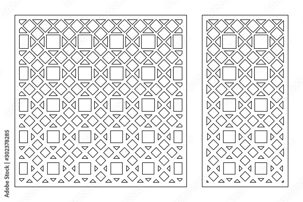 Set decorative card for cutting. Linear geometric mosaic pattern. Laser cut. Ratio 1:1, 1:2. Vector illustration.