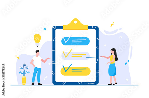 Effective Planning time management business concept. People near clipboard with ticks V check marks and lightbulb above. Business people character, flat style clipart isolated on white background.