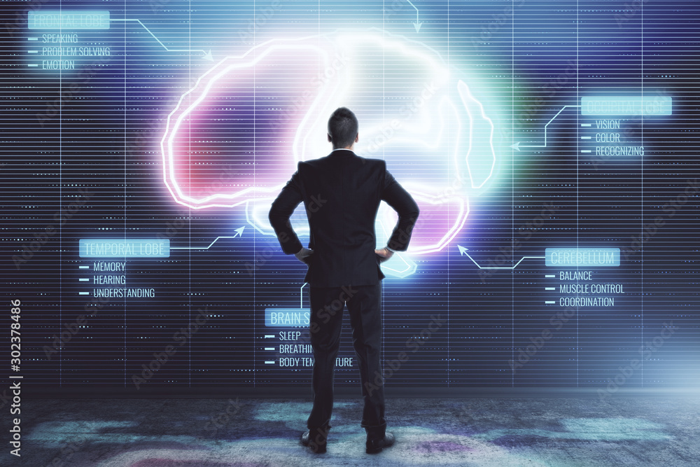 Man and brain drawing hologram. Double exposure. Concept of education