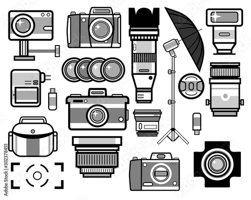 Camera and photo equipment isolated icons, photoshoot equipment