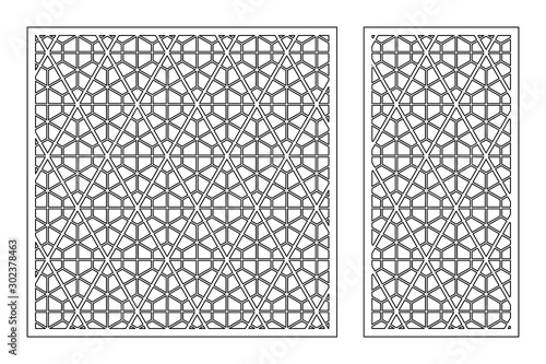 Set decorative card for cutting. Linear geometric mosaic pattern. Laser cut. Ratio 1:1, 1:2. Vector illustration.