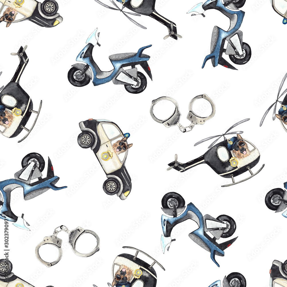 Watercolor cartoon cute seamless pattern Police illustration. Police car, helicopter, motorcycle, handcuffs, gun, holster, body armor, glasses, cap, stun gun, Baby shower clip art