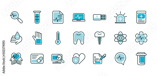 healthcare equipment medical icons set line fill