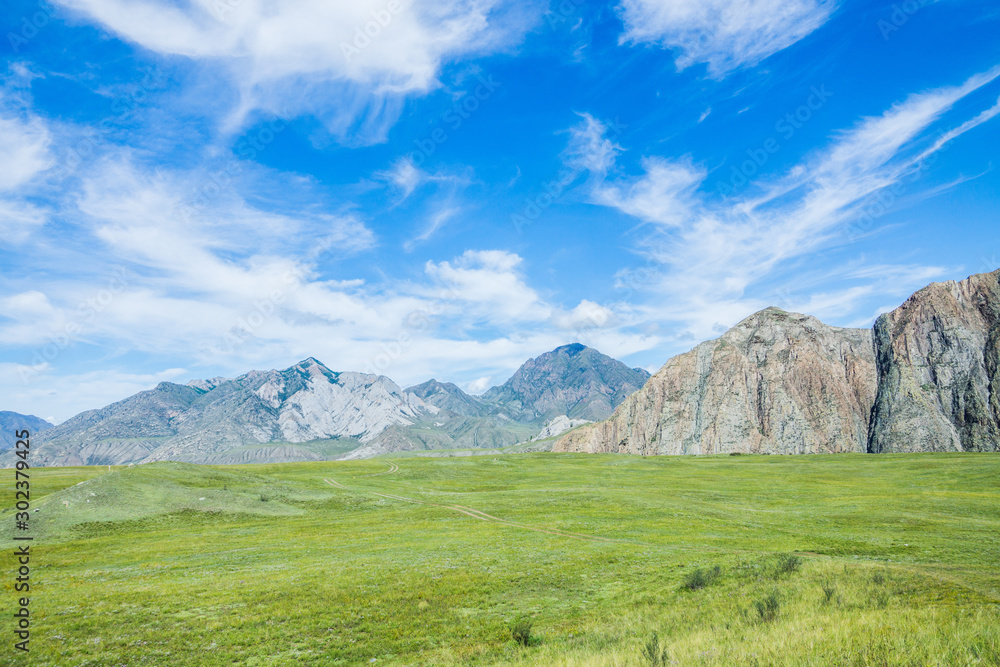 Steppe landscape with mountains on the background Steppe landscape with mountains on the background