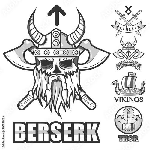 Scandinavian warriors, viking isolated icons, horned helmet and arms