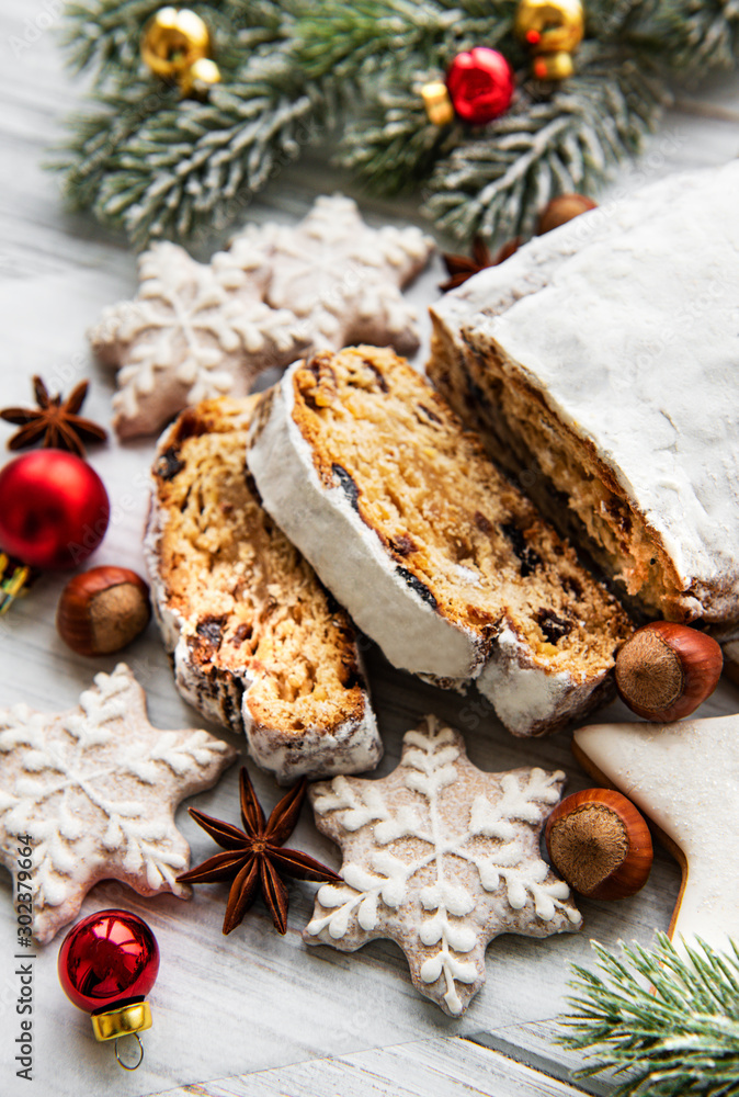 Christmas stollen on wooden background Christmas stollen on wooden background