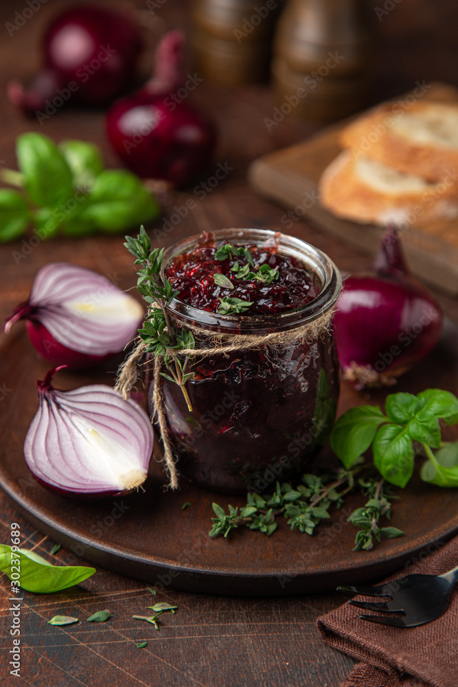 homemade red onion jam ( confiture) in a jar homemade red onion jam ( confiture) in a jar
