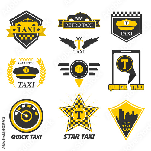 Yellow cab and taxi isolated icons, city transport