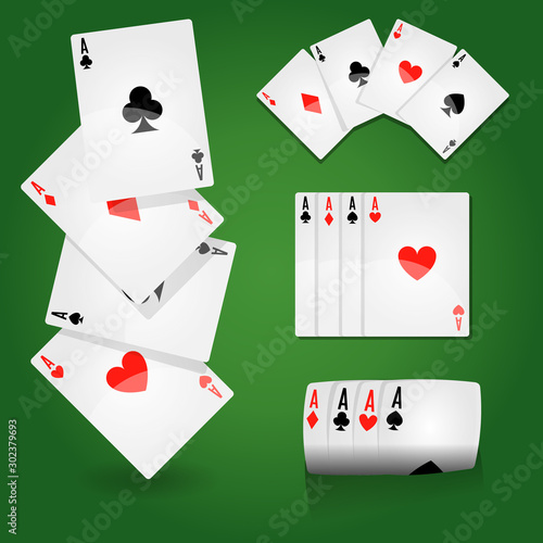 Play cards on green field, aces sets, casino or poker club