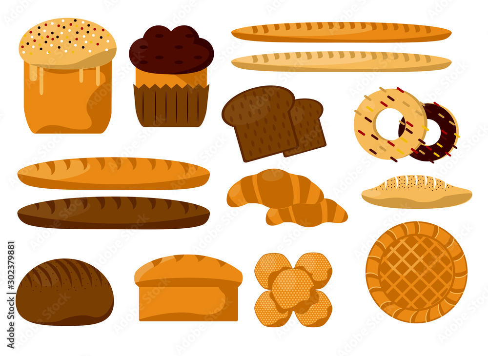 Bakery products isolated icons, bread and bun or cake