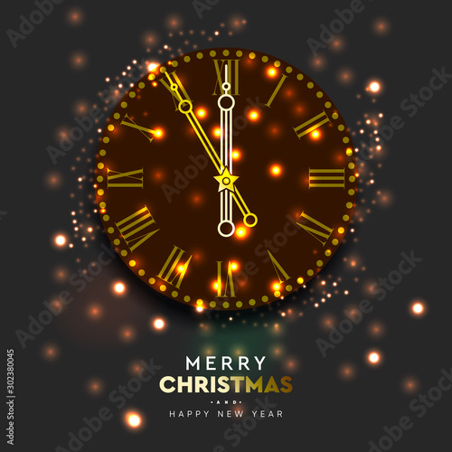 2020 New Year shiny gold clock, five minutes to midnight. Merry Christmas. Vector illustration.