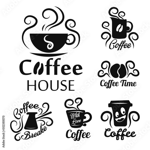 Coffee shop or house isolated icons, hot drink in steaming cup
