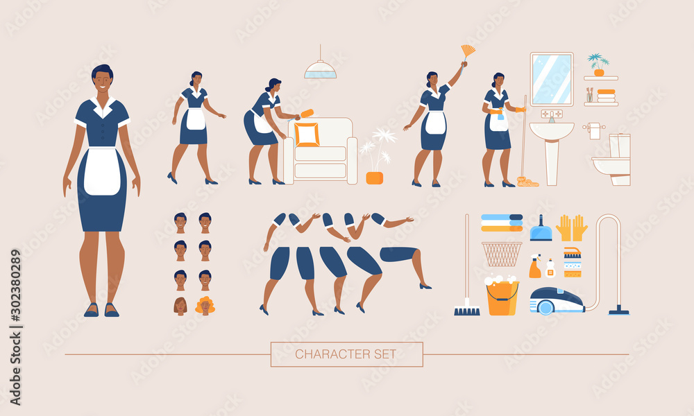 Hotel Cleaning Service Maid Character Constructor Isolated, Trendy Flat Design Elements Set. Working Female Servant in Uniform Various Poses, Body Parts, Face Expressions, Cleaning Tools Illustrations
