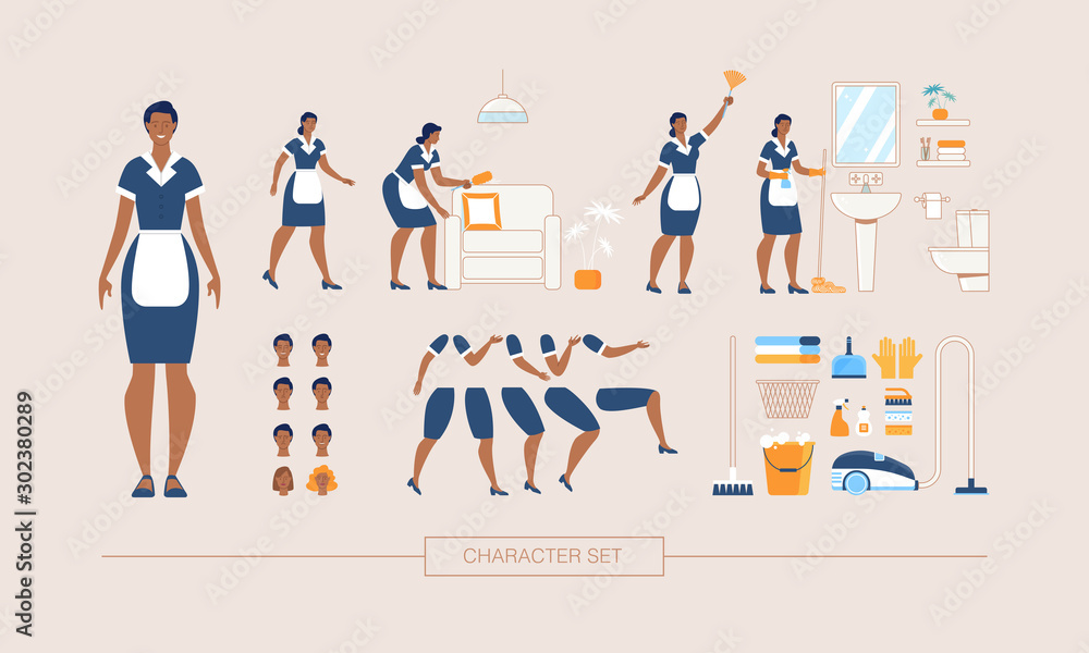 Hotel Cleaning Service Maid Character Constructor Isolated, Trendy Flat Design Elements Set. Working Female Servant in Uniform Various Poses, Body Parts, Face Expressions, Cleaning Tools Illustrations Hotel Cleaning Service Maid Character Constructor Isolated, Trendy Flat Design Elements Set. Working Female Servant in Uniform Various Poses, Body Parts, Face Expressions, Cleaning Tools Illustrations