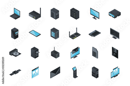 technology hardware device computer icons set isometric