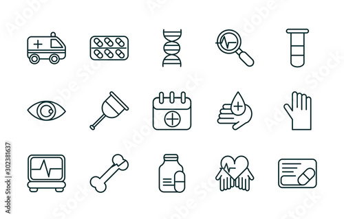 healthcare equipment medical icons set line fill