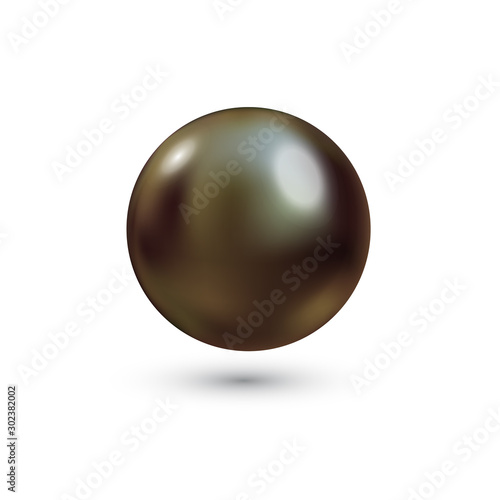 Vector illustration of single shiny natural black sea oyster pearl with light effects isolated on white background. Beautiful 3D shining realistic pearl for luxury accessories.